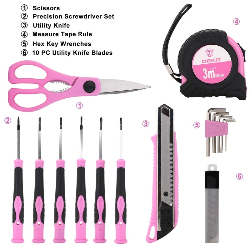 DEKO Pink Tool Set 110 Piece Household Tool Kit,Ladies Portable Tool Set with Easy Carrying Pouch, Perfect for DIY Projects, Home Maintenance - Image 4
